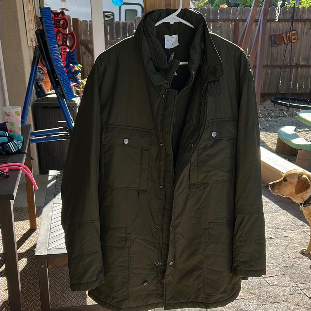 THEODORE NWT Men's Olive Green Jacket. Hood, Zip Out Lining! Amazing Size L
